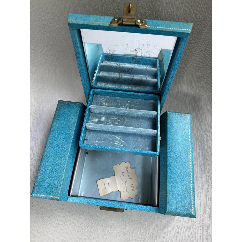 1950s Bond St. Blue Mid Century Folding Jewelry Box w Mirror Vintage Vanity Case